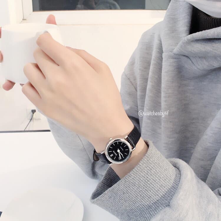 Đồng hồ nữ dây da mặt nhỏ RATE TRÒN full black đồng hồ nữ chính hãng Watchesbytif size 22mm đẹp giá rẻ chống nước tốt