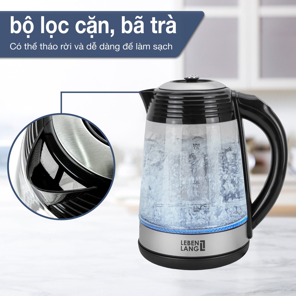 Ấm siêu tốc thủy tinh 1.7L LEBENLANG kèm lõi lọc, điều khiển nhiệt độ, BH 2 năm - LB2676