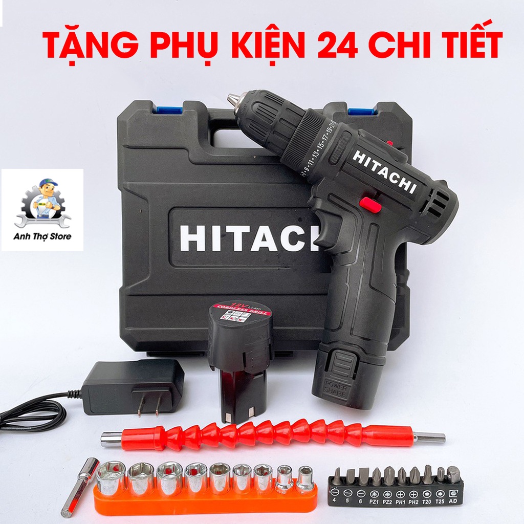 [Tặng bộ 24 chi tiết] Khoan Hitachi 12V - 3 chức năng - Bắt vít, khoan gỗ, khoan sắt, - 25 cấp độ trượt - Có đảo chiều