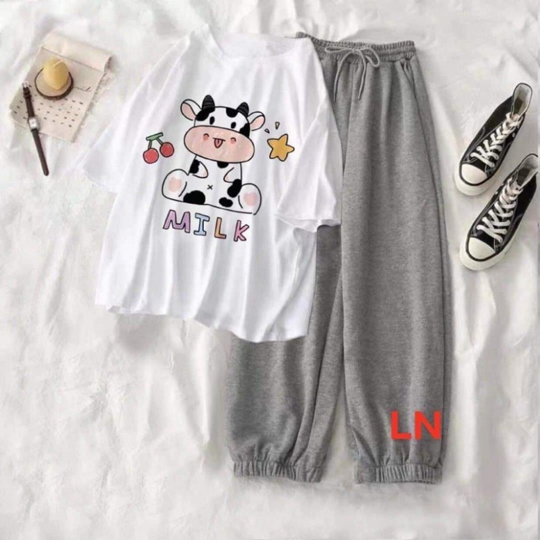 Áo phông bò sữa + quần bom màu LN0421