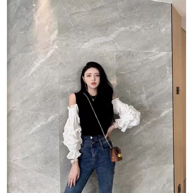 Áo thun kiểu khoét vai phối tay phồng, phong cách mới trẻ trung tươi tắn hàng đẹp mà giá rẻ tại Thời Trang VADA - AT0079 | BigBuy360 - bigbuy360.vn