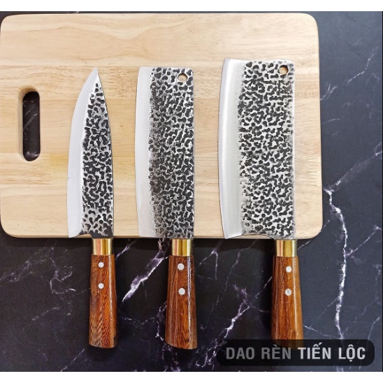 Bộ 3 Dao Nhà Bếp Rèn Từ Thép Nhíp Dập Vân 2 Mặt - Cán Cẩm Chỉ Cao Cấp