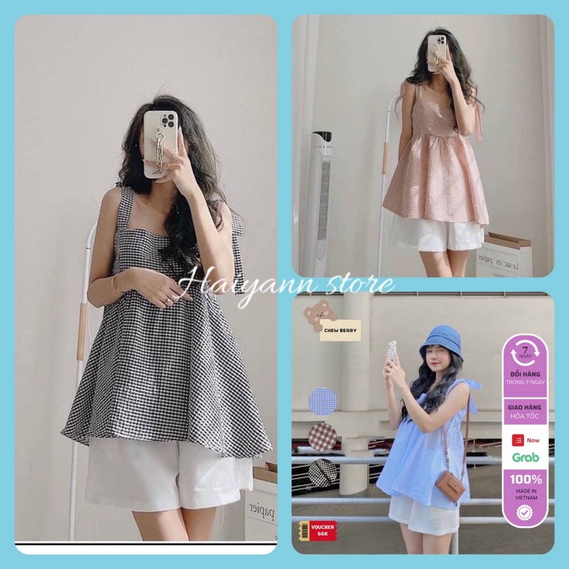 Sét quần áo ulzzang Áo baby doll kẻ caro hai dây buộc nơ kèm quần shorts đùi đủ màu siêu đẹp(3 màu)