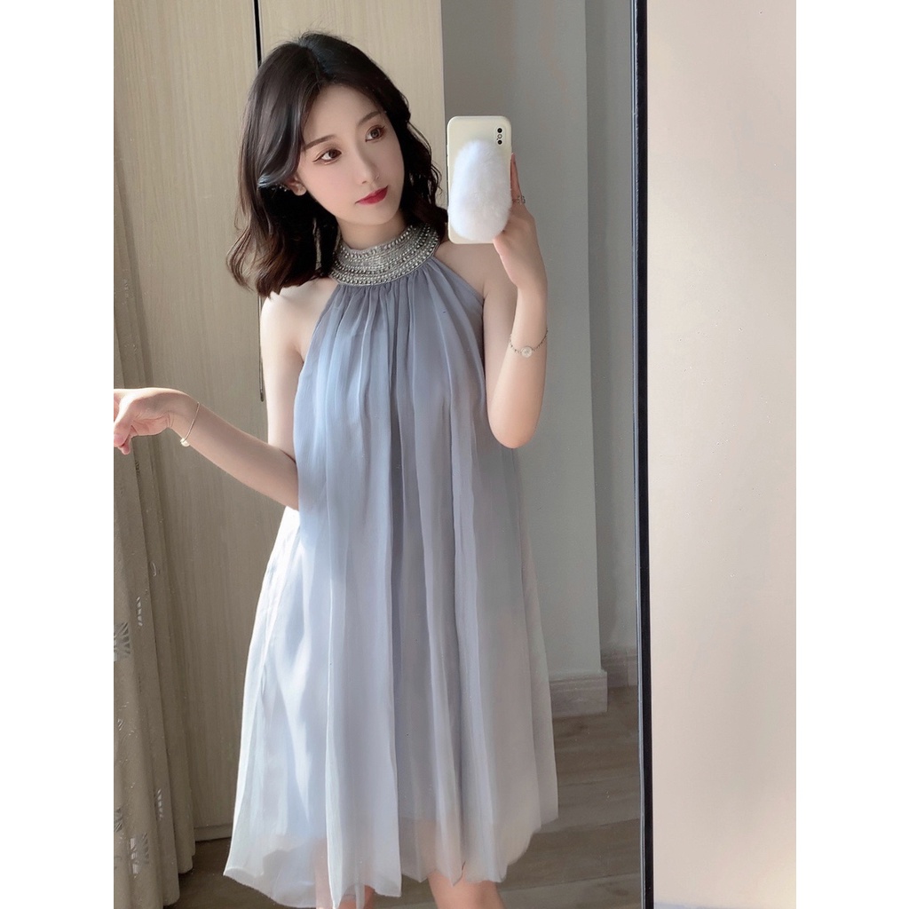Jane Đầm suông cổ yếm kết cườm tiểu thư Vintage ẢNH THẬT CUỐI