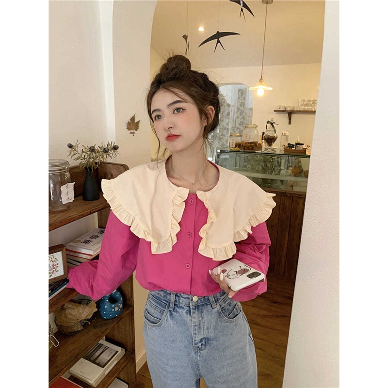 Áo sơ mi cổ búp bê phối bèo dáng rộng màu tương phản phong cách Hàn Quốc thời trang mùa thu cho nữ