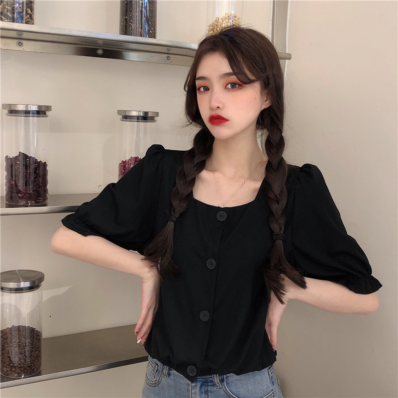 SUXI Áo tay ngắn cổ vuông thời trang Pháp đáng yêu cho nữ