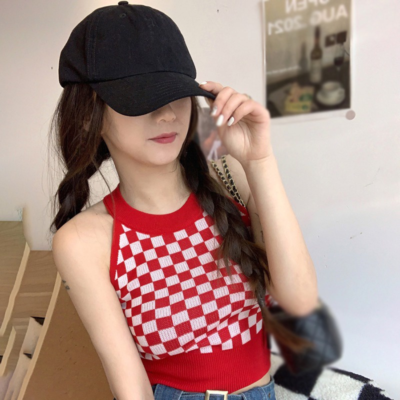 Áo croptop không tay họa tiết caro phong cách Hàn Quốc quyến rũ cho nữ