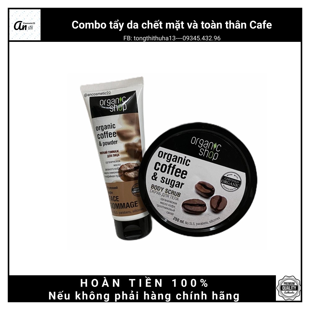 Tẩy Da Chết Organic Coffee &amp; Sugar Body Scrub, Tẩy da chết vùng mặt Organic Shop chiết xuất hạt cà phê