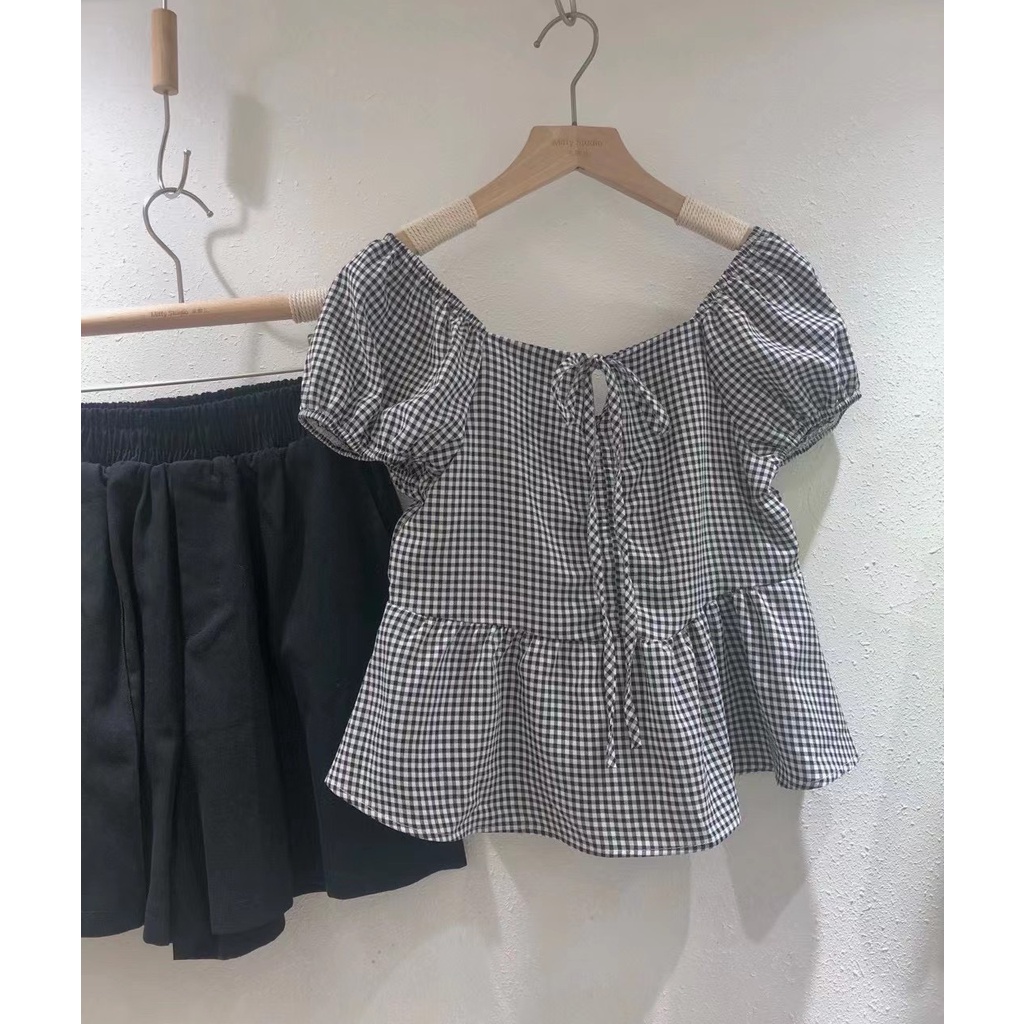 Áo Baby Doll Kẻ Caro Trễ Vai, Áo Trễ Vai  - A538