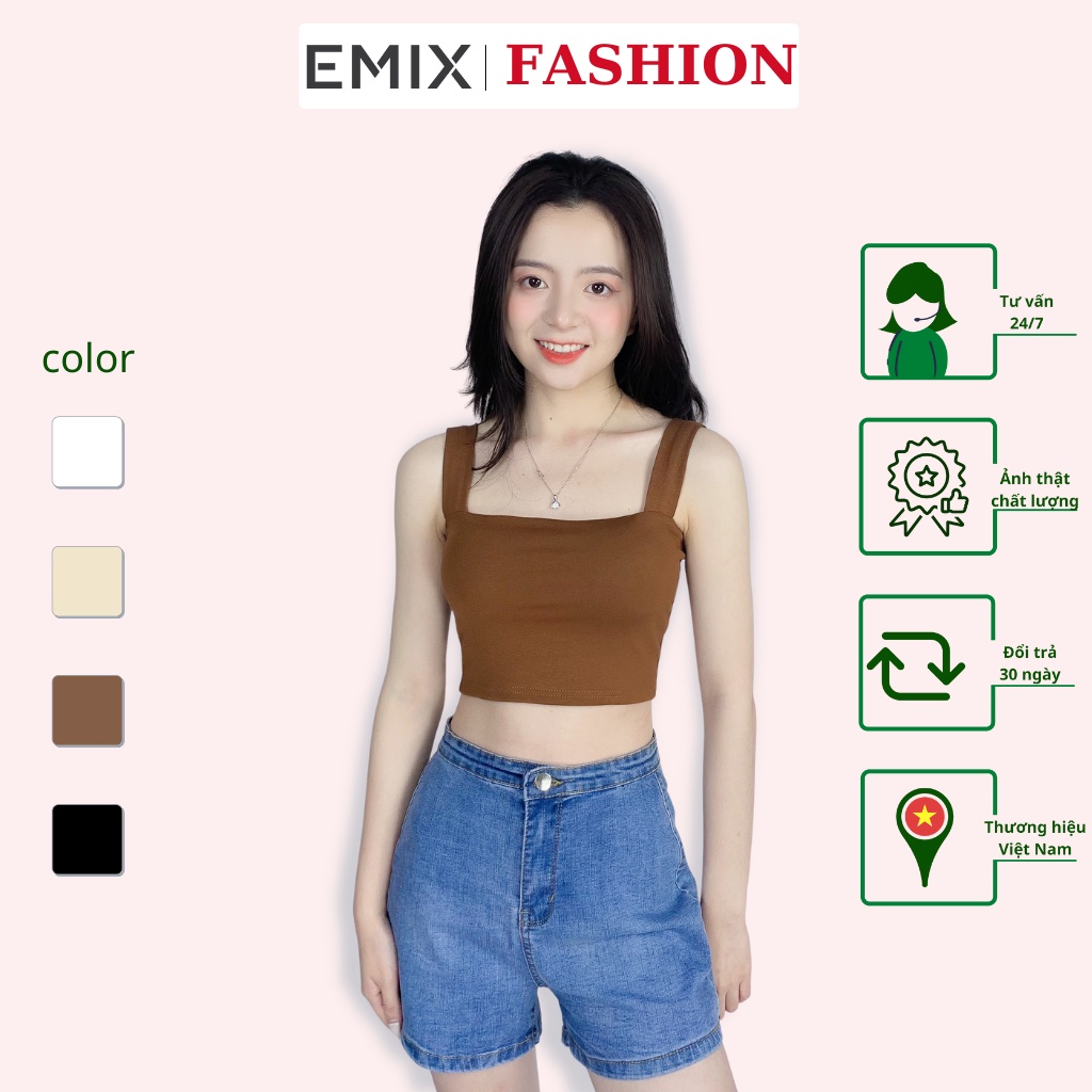 Áo croptop nữ 2 dây bản to cúp ngực EMIX vải cotton co giãn, thấm hút tốt Ao2daybantocodem6045/P1/K12