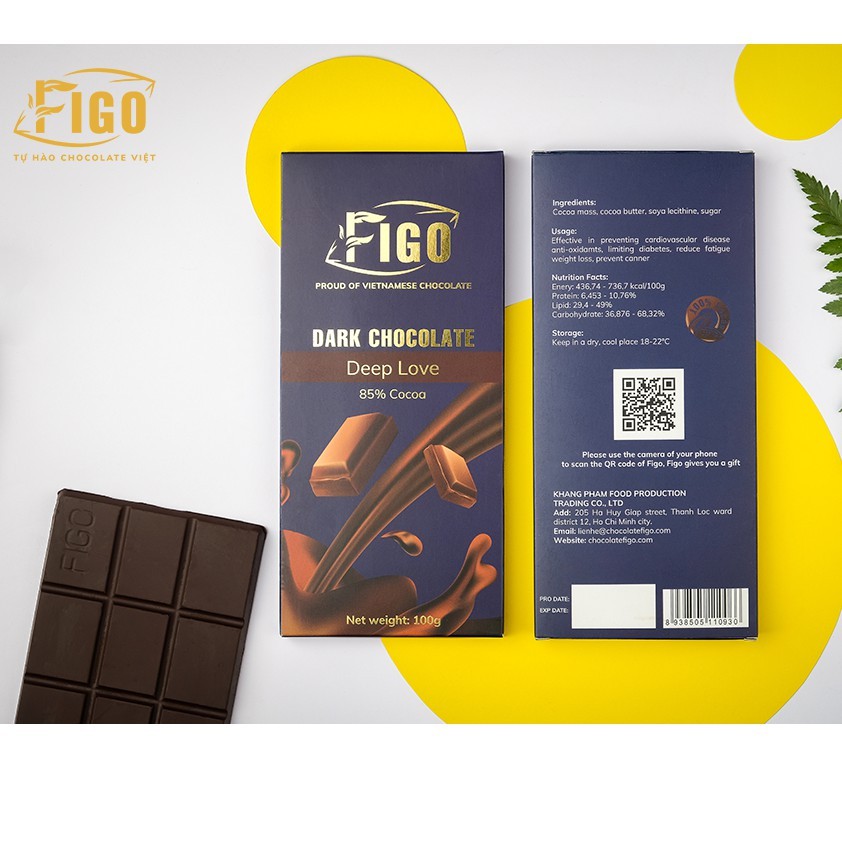 [Chính hãng] Dark Chocolate 85% Cacao, Socola đen đắng 85% Cacao thanh 50g Thương hiệu Figo, ăn giảm cân, ngăn ngừa bệnh