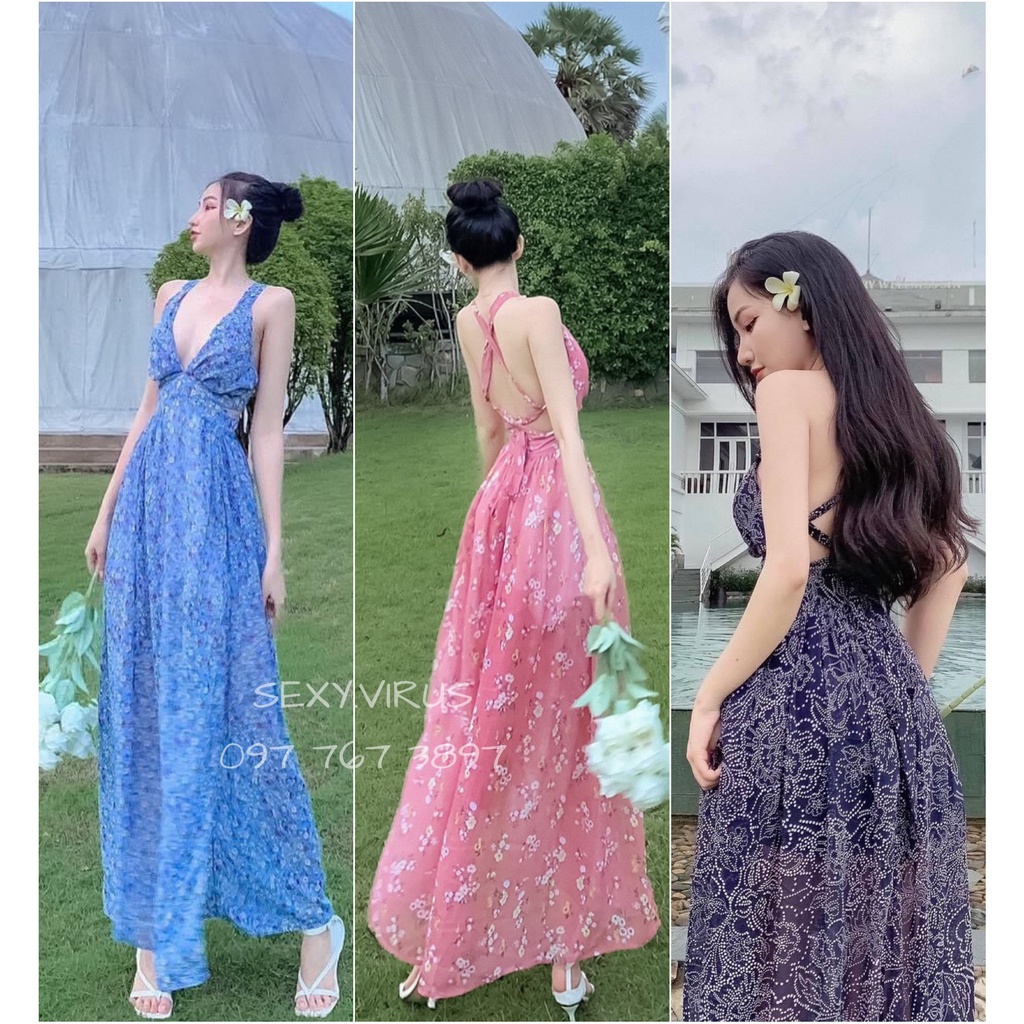 Đầm maxi voan sexy đan dây lưng