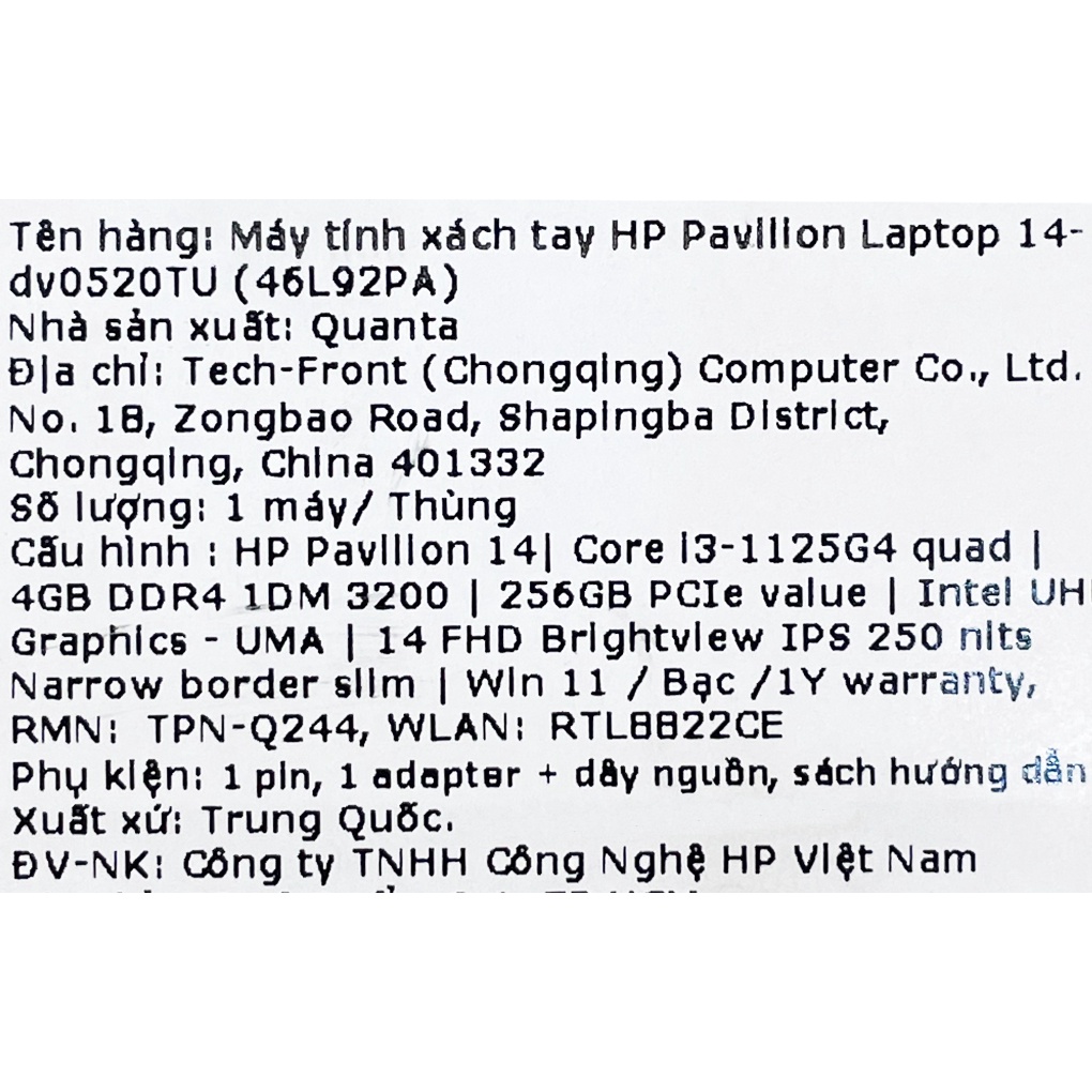 Laptop HP Pavilion 14 dv0520TU i3 1125G4/4GB/256GB/14"F/Win11//Bạc