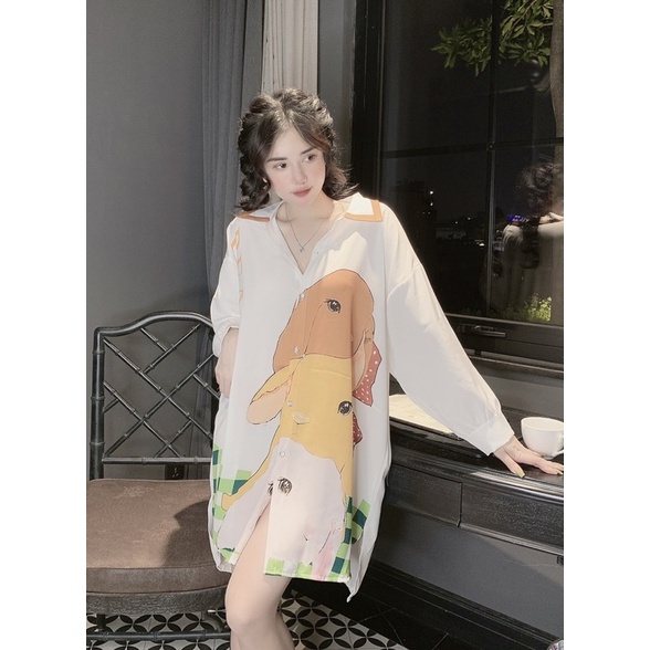 Đầm mặc nhà LỤA tay dài cổ sơ mi phom rộng thoải mái (bầu bí bon chen được)