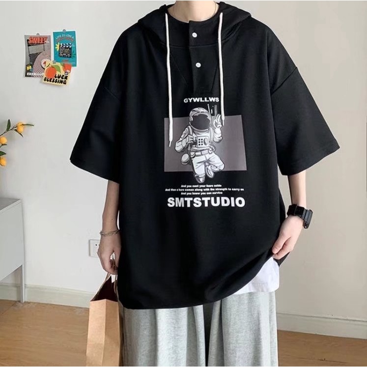 Áo Hoodie Tay Ngắn Dáng Rộng In Hình Phi Hành Gia Kiểu Hip-Hop Đường Phố Nhật Bản Cỡ M-3XL Cho Nam