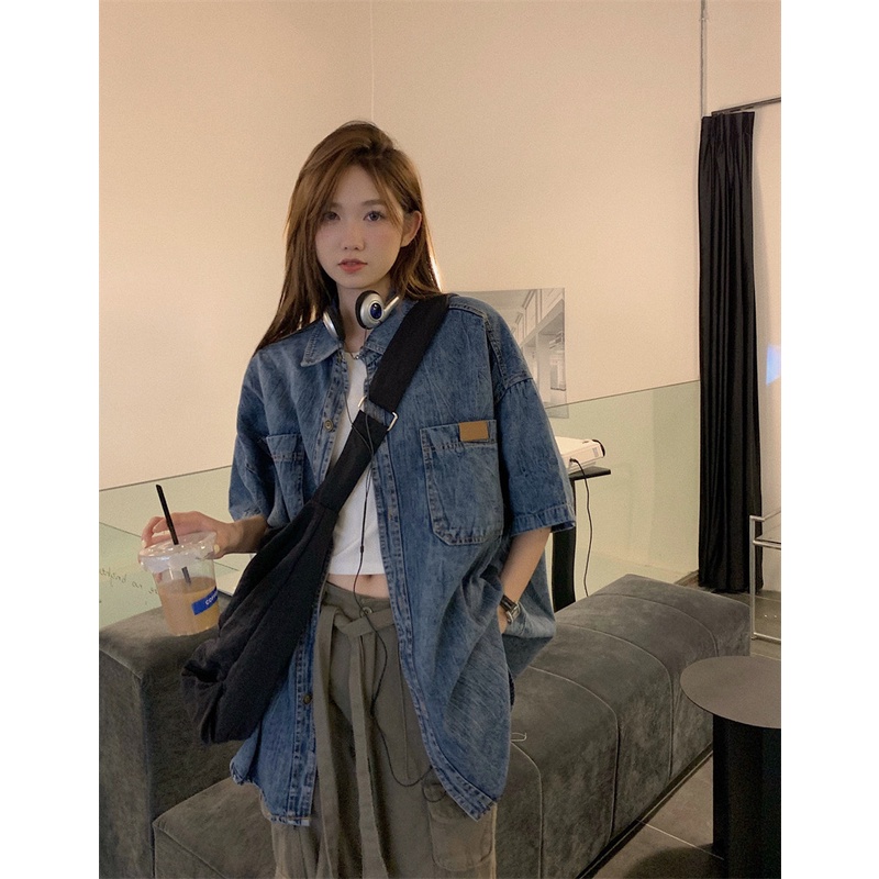 Áo Sơ Mi denim Tay Ngắn Dáng Rộng Thời Trang Mùa Hè Phong Cách Hàn Quốc Cho Nữ
