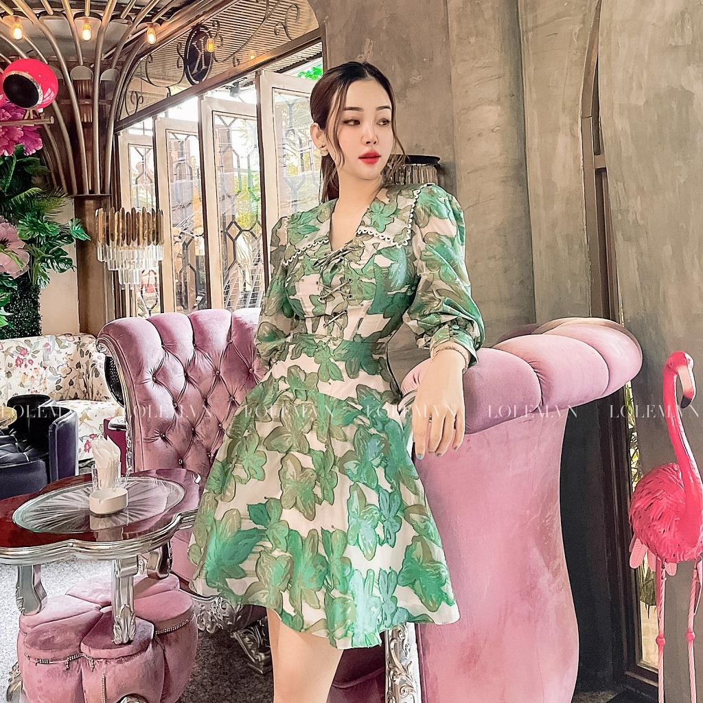 Đầm cổ vuông dáng xòe tơ hoa dài tay họa tiết sang trọng thời trang cao cấp LOLEM CLothing - Dx273
