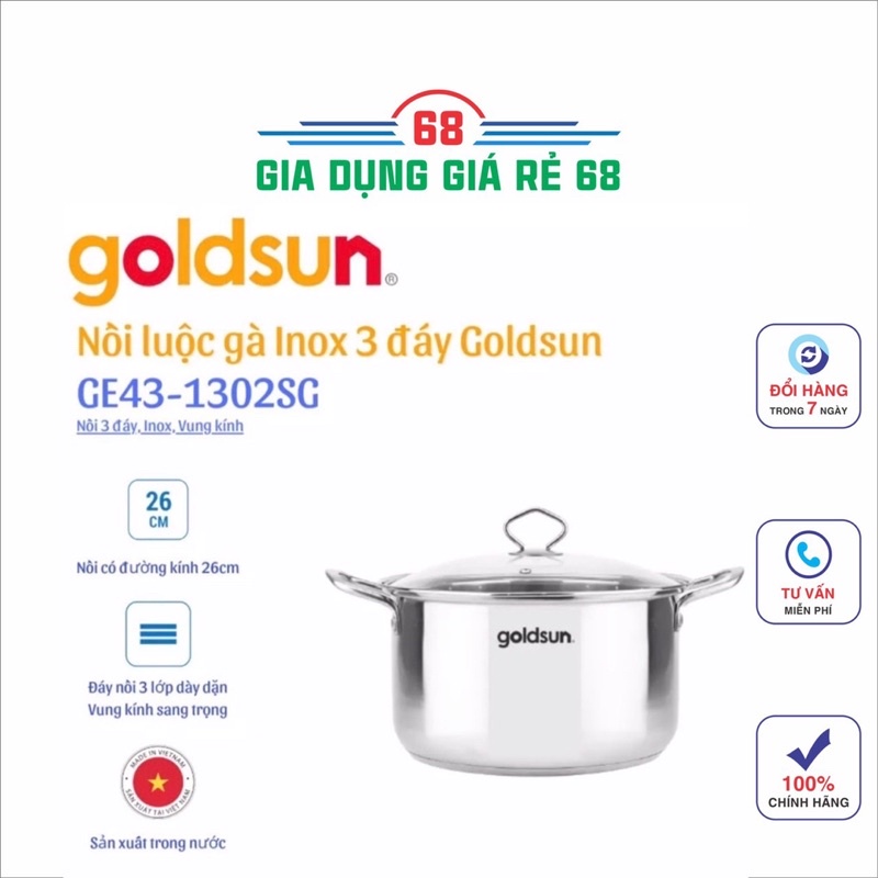 Nồi luộc gà,Đáy Từ, inox Goldsun GE43-1302SG size 26Cm- Hàng chính hãng