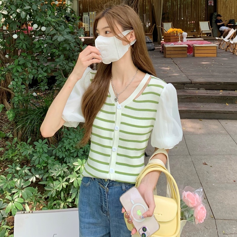 【ZHELIHANGFEI】Áo Thun Tay Phồng Kẻ Sọc Phối Lưới Xinh Xắn Thời Trang Cho Nữ