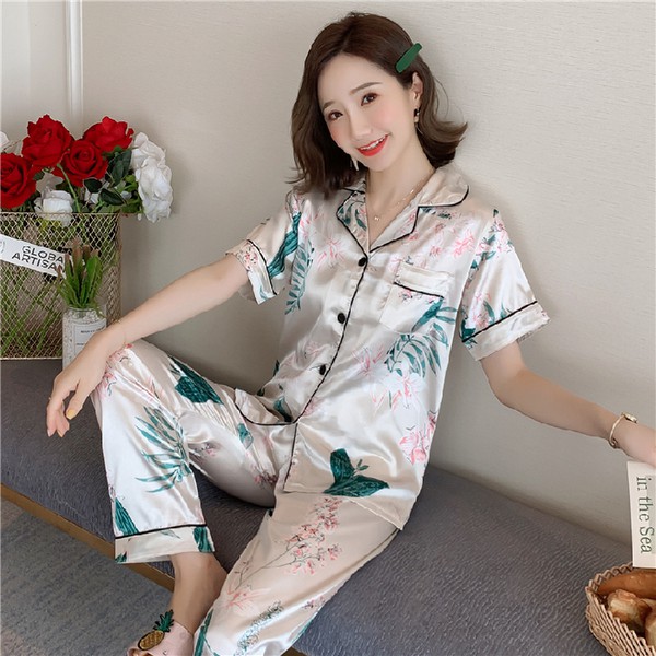 Bộ Đồ Ngủ Lụa 2 Món In Hoa Xinh Xắn Size M-5Xl đồ ngủ lụa váy ngủ lụa bigsize pijama lụa