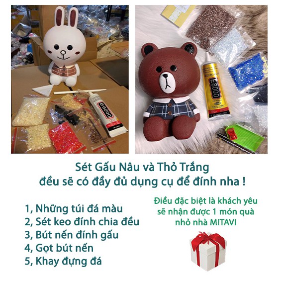 Gấu đính đá handmade gấu nâu thỏ trắng phiên bản 34cm, ống tiếp kiệm dễ thương