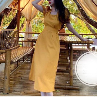 Đầm midi cổ vuông dáng xòe thắt eo cực xinh