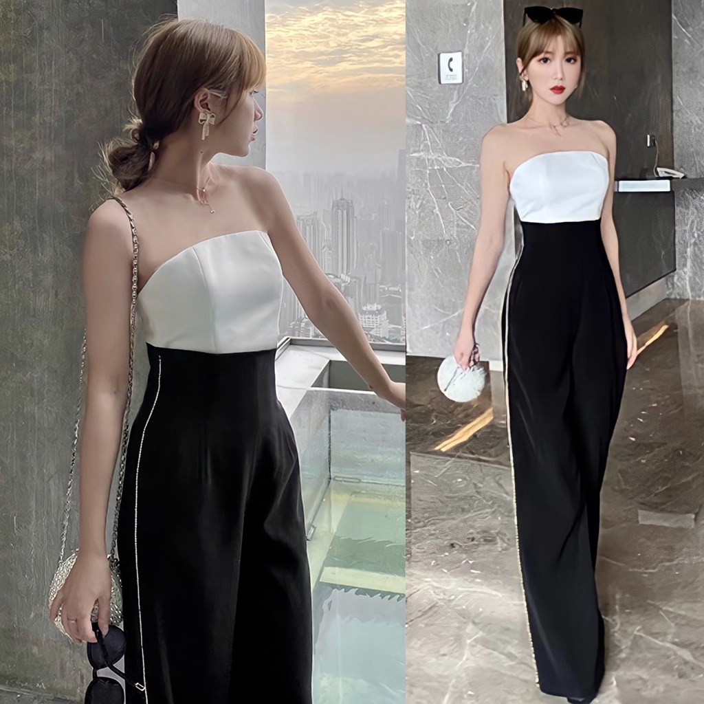 Jumpsuit Nữ Dài Trắng Phối Đen Sang Trọng Có Đệm Ngực Sẵn A37 | BigBuy360 - bigbuy360.vn