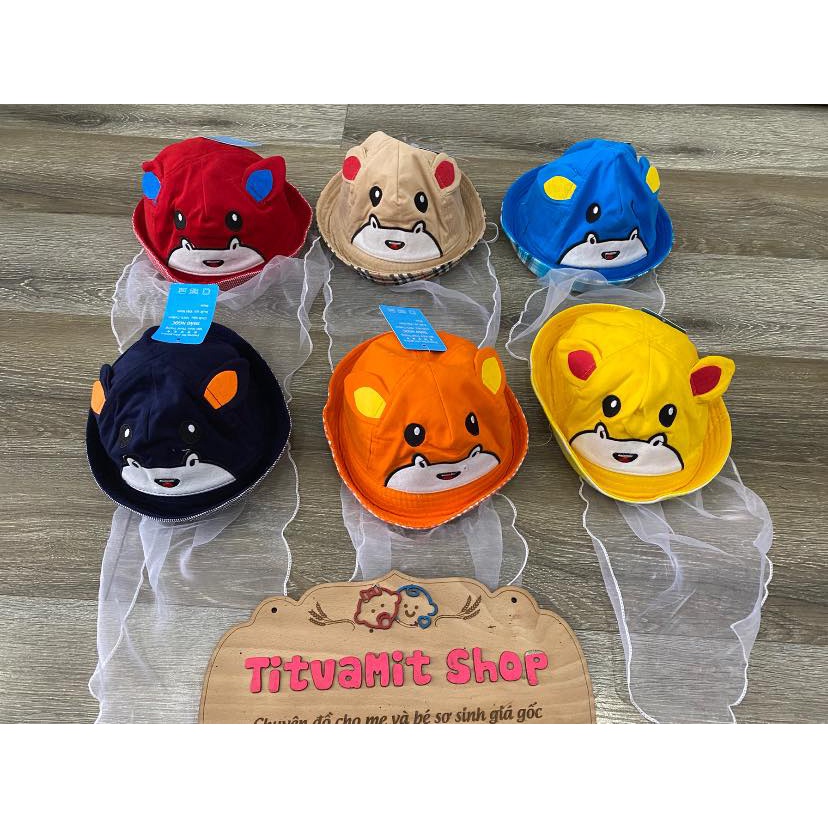 Mũ kèm khăn voan tai gấu mắt 48k, mũ vành tròn cho bé trai, bé gái