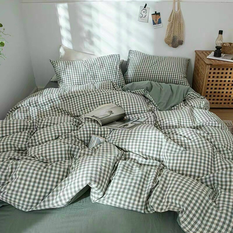Bộ chăn ga gối Cotton poly kẻ xanh Sheen bedding, nhập khẩu hàn quốc