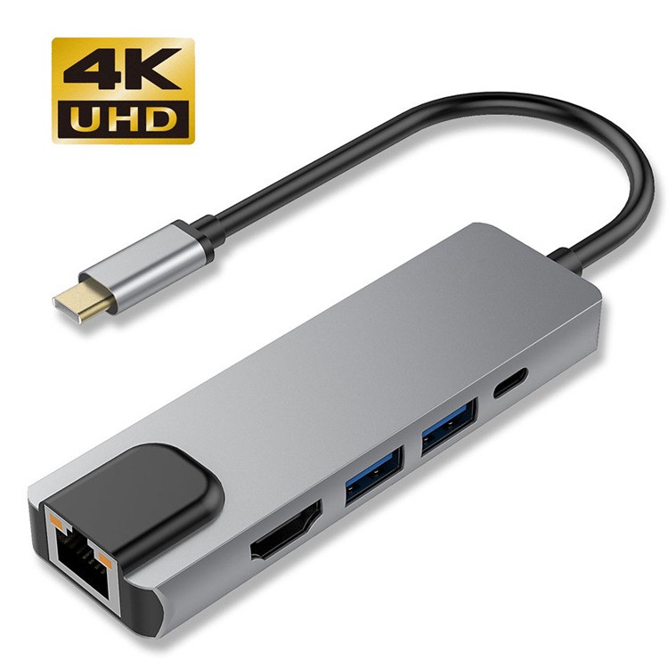 [Mã ELHACE giảm 4% đơn 300K] Cáp chuyển đổi Type c to HDMI, LAN, USB 3.0, USB C 5in1 vỏ nhôm cao cấp