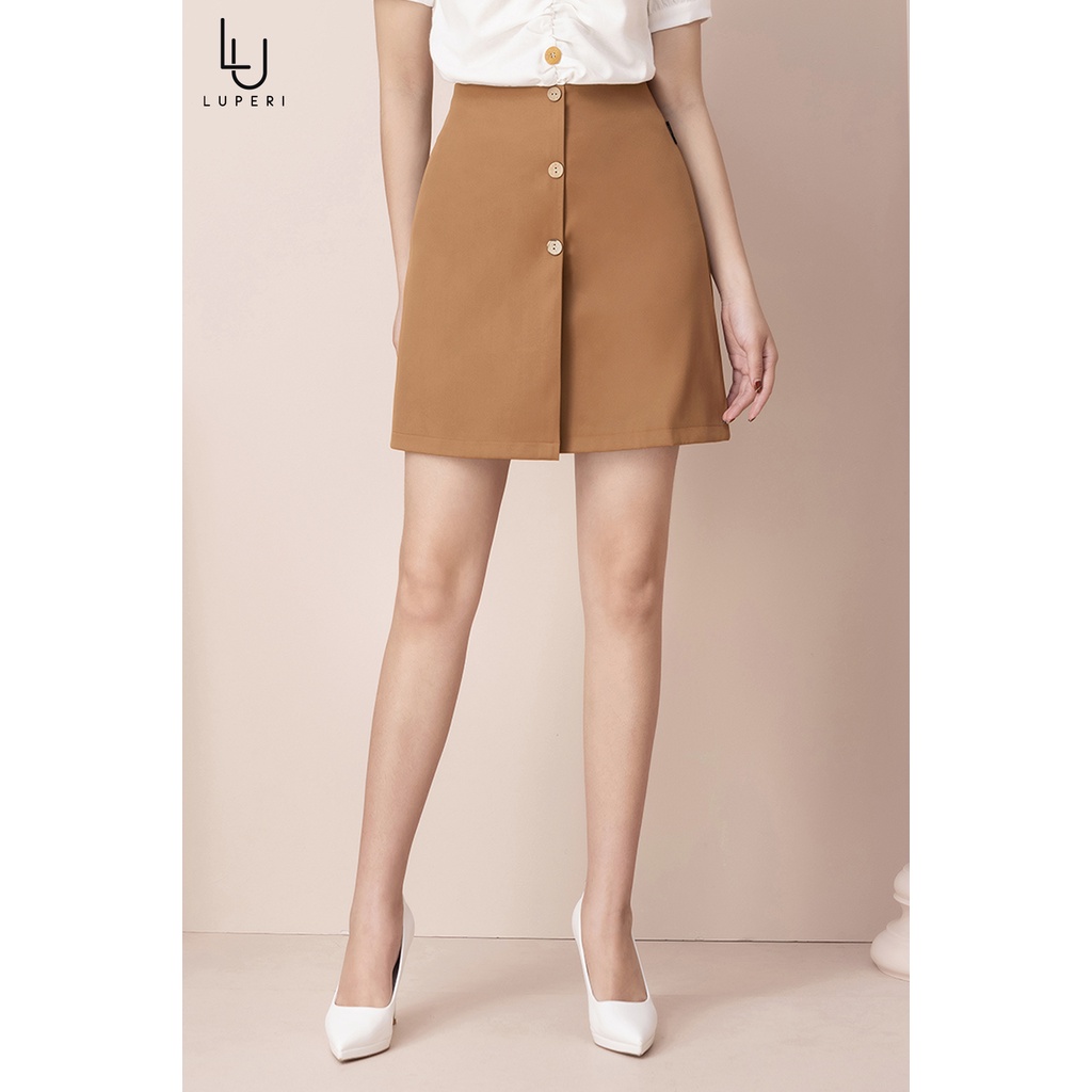 Chân Váy Mini Chữ A Đính Cúc Trước LUPERI Thiết Kế hai lớp lưng cao vải tuyết mưa LFCV5107
