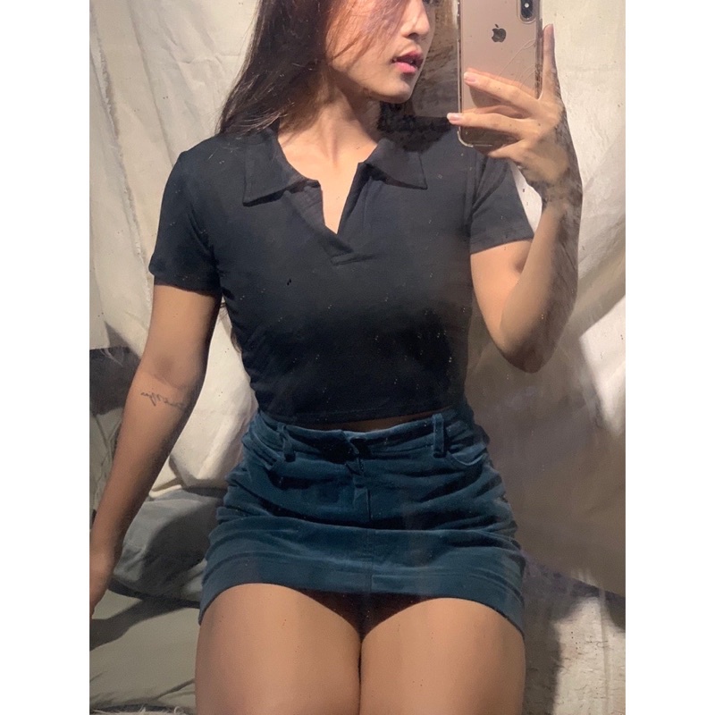 Áo Croptop cổ đức Kiểu Nữ Ôm Body SANJOLI Polo có cổ sơ mi thun Tay Ngắn Form Rộng sexy Cá tính thể thao màu trắng đen