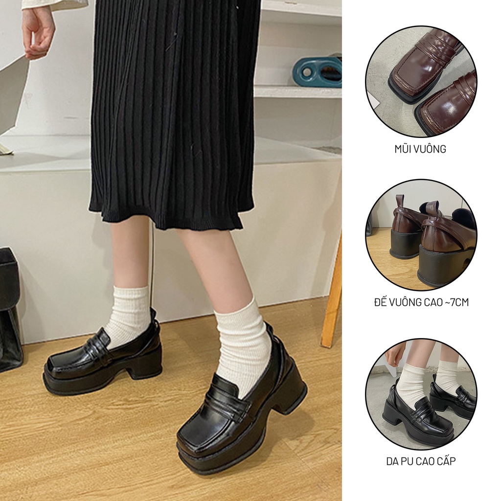 Giày Lolita Nữ Ulzzang Vintage, Giày Oxford Da PU Mũi Vuông, Đế Vuông Cao 7cm Phong Cách Retro Hàn Quốc- Iclassy_shoes