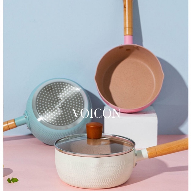 ∈㍿┋Chảo, Nồi Sâu Lòng Chống Dính 18cm Chiên Xào Nấu Quánh Tay Cầm Gỗ Màu Pastel Tiện Lợi