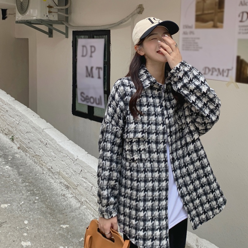 Áo Khoác Tay Dài Dáng Rộng Sọc Ca Rô Thời Trang Vintage Hàn Quốc Cá Tính
