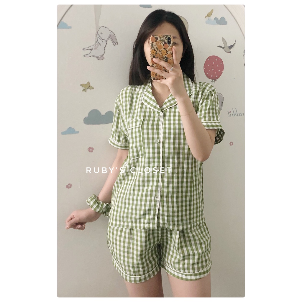 Bộ pijama nữ cộc tay kẻ nhiều màu, Đồ bộ nữ mặc nhà kèm chun buộc tóc