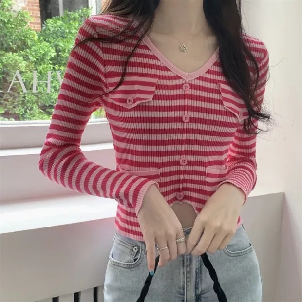 【ZHELIHANGFEI】Áo Cardigan Dệt Kim Tay Dài Cổ Chữ V Lưng Cao Kẻ Sọc Thiết Kế Quyến Rũ