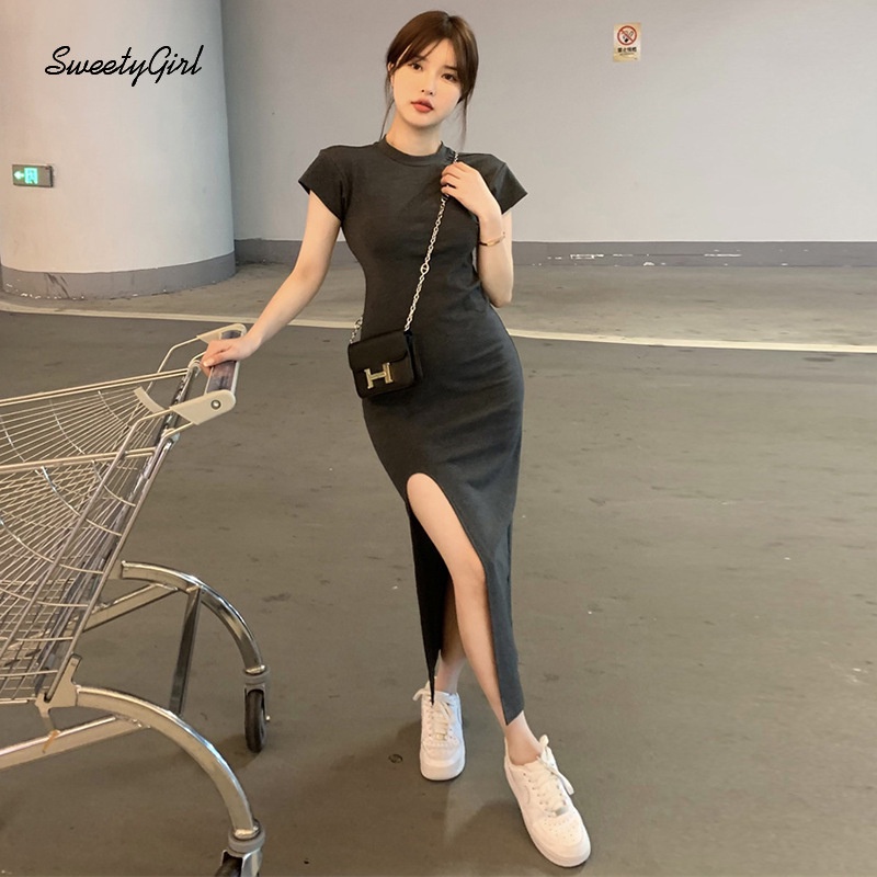 Đầm Maxi Tay Ngắn Cổ Tròn Màu Trơn Thời Trang 2022 Quyến Rũ Cho Nữ