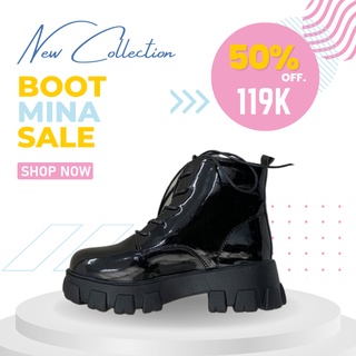 Giày bốt nữ buộc dây cá tính đế vuông dày boot da mềm boot nữ giày bốt nữ mina