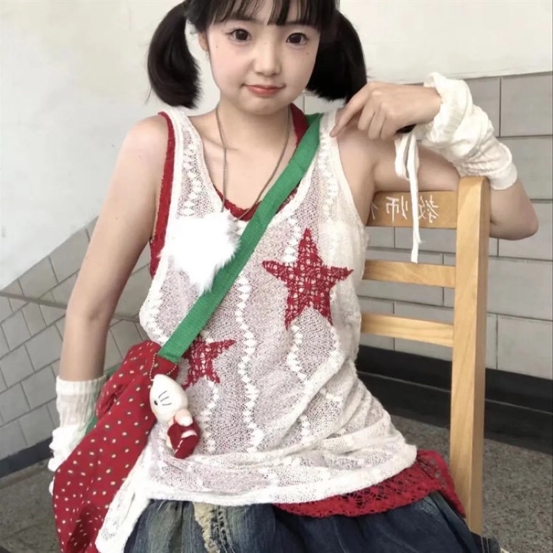 Áo lưới 2 lớp hoạ tiết sao Rock Star phong cách Gothic Y2K