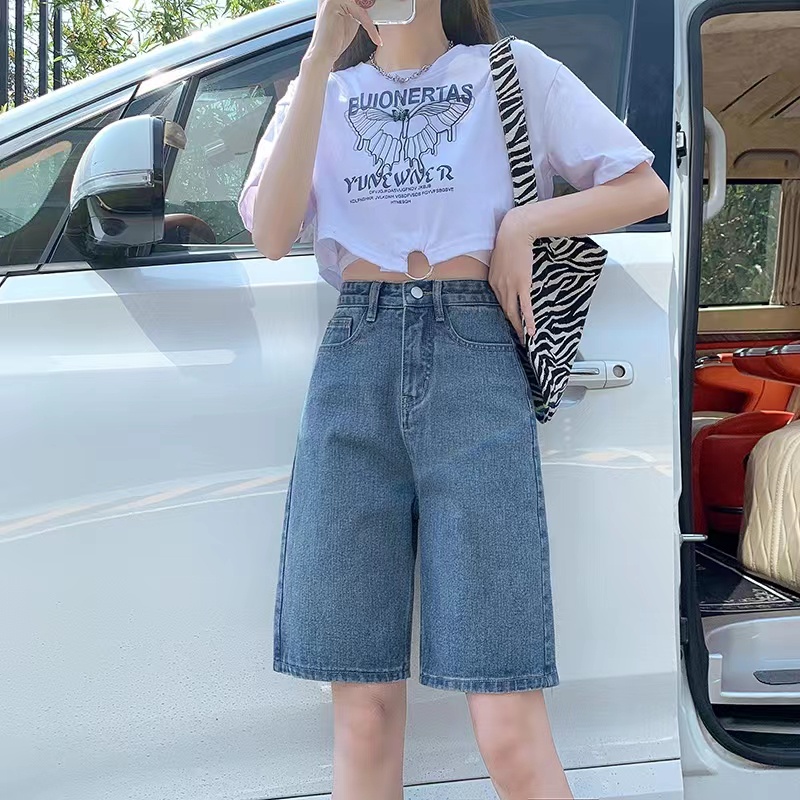 Quần Short Jeans Lưng Cao Ống Rộng Thời Trang Cho Nữ