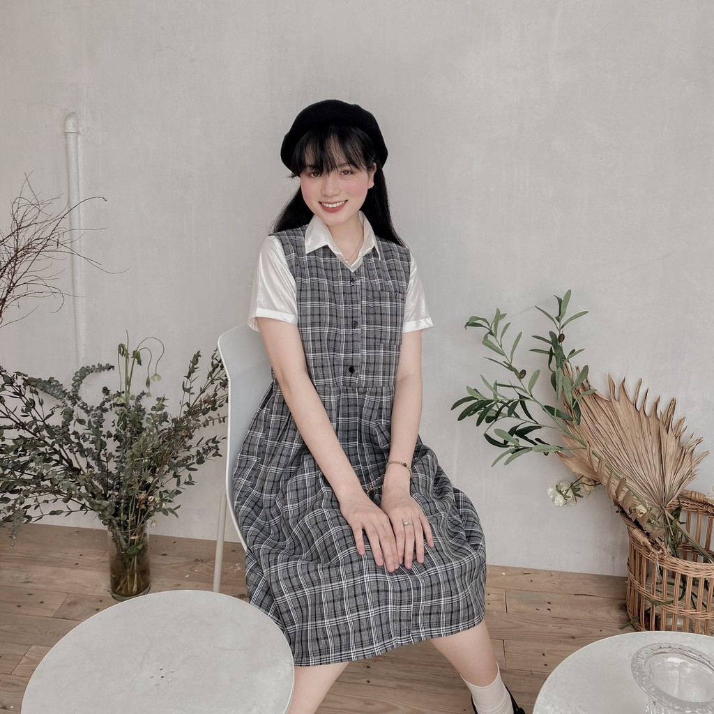 Váy yếm hoạ tiết kẻ caro xám form rộng ulzzang basic - Made by Fiin