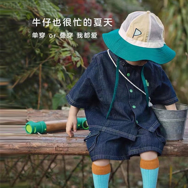 Bộ Áo Thun Cotton + Quần Short Denim Màu Trơn In Chữ Phong Cách Hàn Quốc Thời Trang Mùa Hè Cho Bé Trai