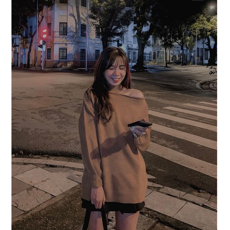 Áo Len Xẻ Vai, Áo Len Dáng Dài Giấu Quần Quảng Châu M2901-Violet