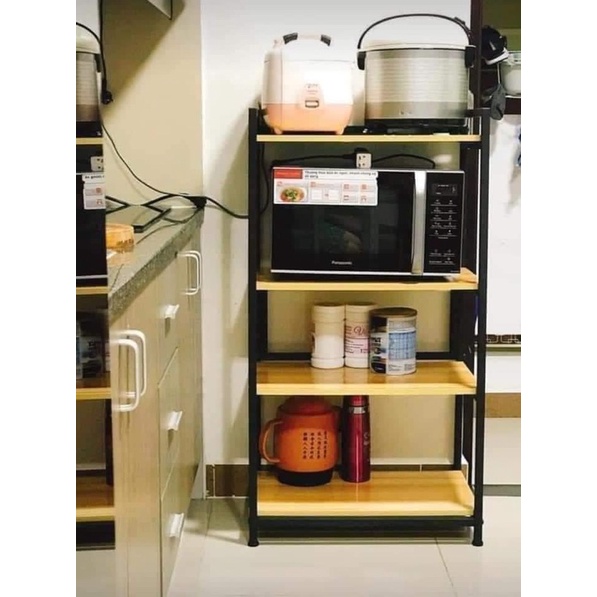 KỆ LÒ VI SÓNG 4 TẦNG KHUNG SẮT MẶT GỖ