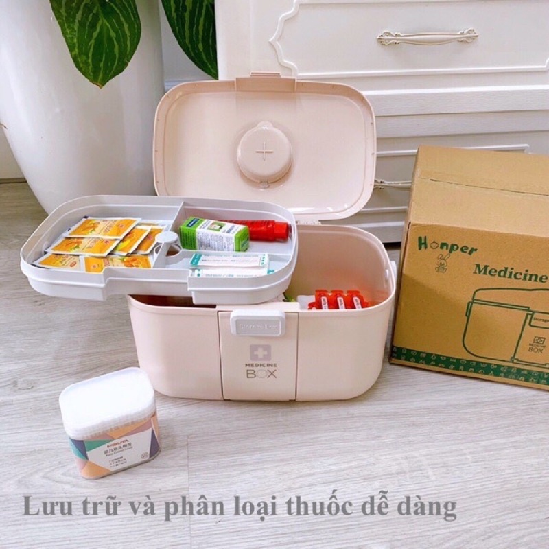 Hộp đựng thuốc gia đình đa năng size lớn Honper 2 tầng màu hồng - xanh
