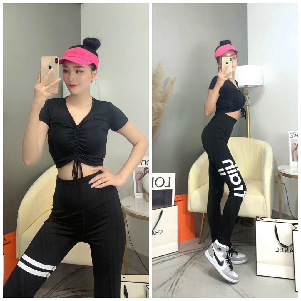 SET BỘ QUẦN DÀI ÁO CROPTOP CỘC TAY RÚT DÂY NỮ TẬP GYM EROBIC ZUMBA NỮ