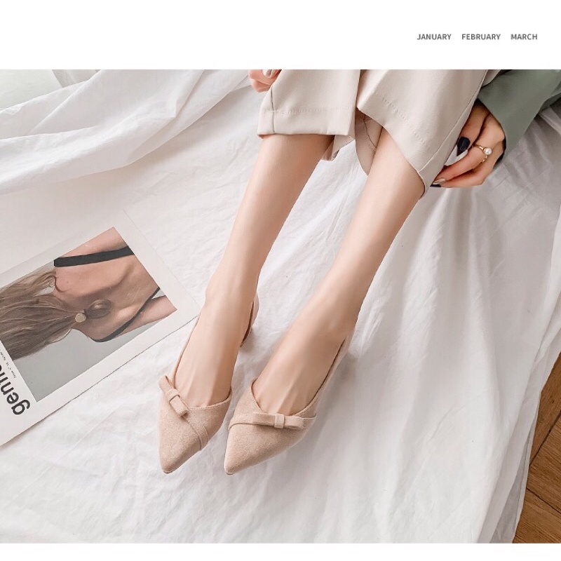 Giày cao gót nữ kiểu dáng khoét eo thanh lịch gót thô 6cm có gắn nơ mảnh - GI13 - Oula Store