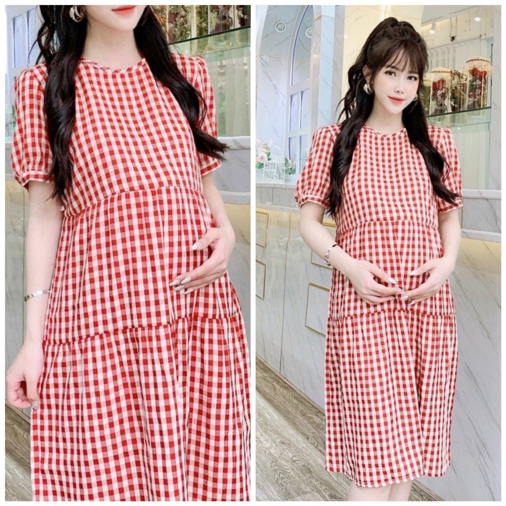 Váy bầu mùa hè Dáng Baby kẻ ô MOLYS307 Freesize dưới 70kg, thiết kế phù hợp cho mẹ bầu, chất liệu mát mẻ dễ vận động