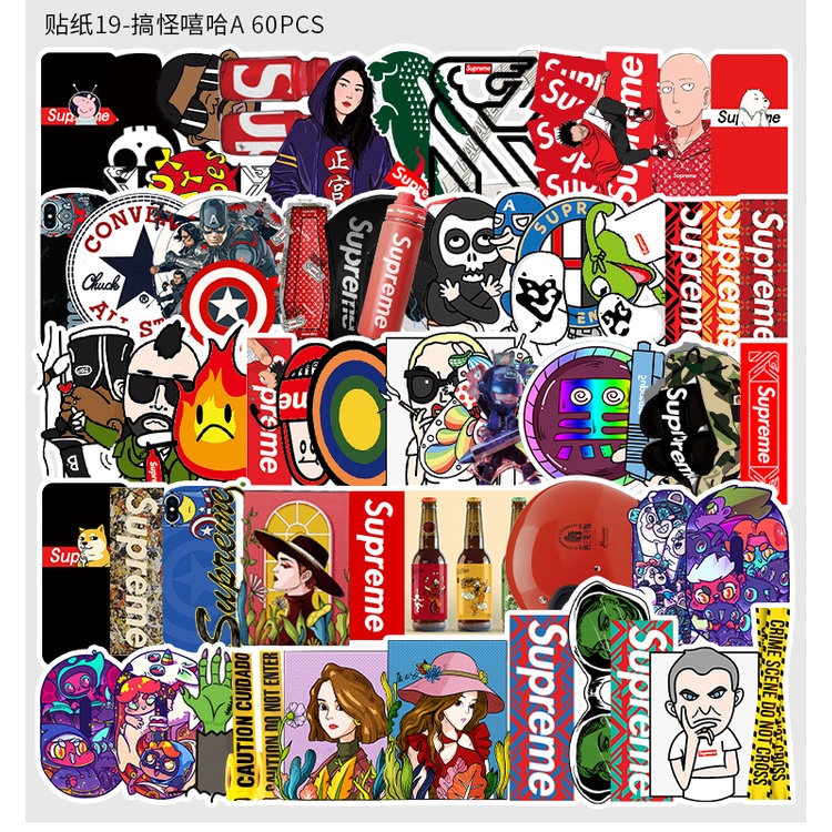Bộ 60 Cái Sticker dán hoạt hình chủ đề Superme chống nước sticker dán mũ bảo hiểm vali laptop cực xinh - M19